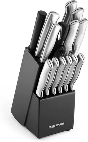 Image of Stamped 15-Piece High-Carbon Stainless Steel Knife Block Set, Steak Knives, Black & Tabletop Knife Sharpener