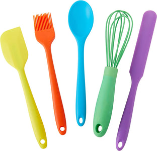 Kids in the Kitchen Oil Brush, Spoon, Whisk, Long, Standard Spatula Silicone Utensil Set, Multicolor