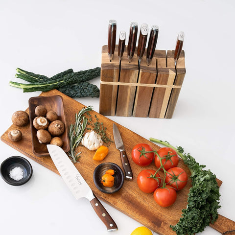 Image of Wooden Kitchen Knife Block - Luxury Hand-Crafted Acacia Wood 8 Slot Storage Block. Can Hold 8 Knives up to 9" Long. Non-Skid, Non-Scratch Rubber Feet