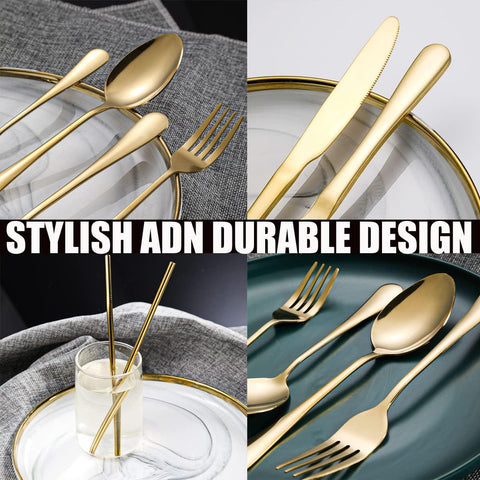 Image of 84 Pieces Gold Silverware Service for 12 Flatware Set Stainless Steel Utensils Cutlery Set Dishwasher Safe Flatware (Gold, 84)