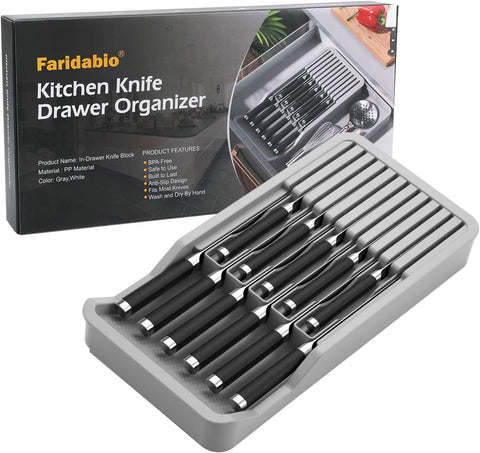 Image of In-Drawer Knife Block,Kitchen Knife Drawer Organizer,2 Tier Knife Holder Holds 11 Knives with Expandable Organizer Storage Tray (Gray)