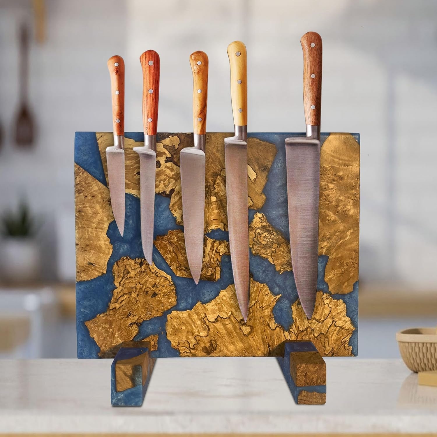 Magnetic Knife Block without Knives - Magnetic Knife Holder | Magnetic Knife Block for Kitchen Counter| Wooden Block Knife Holder | Kitchen Knife Magnetic Holder | Magnet Knife Block (Azure Blue)