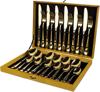 Gold Flatware Set, Silverware 24-Pieces Gold Stainless Steel Flatware/Silverware for Wedding Festival Christmas Party, Service for 6