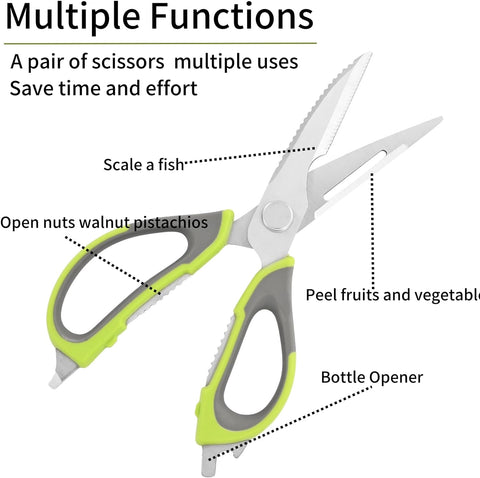 Kitchen Shears Heavy Duty Kitchen Scissors with Magnetic Holder Multi Purpose Kitchen Scissors and a Paring Knife, Dishwasher Safe Kitchen Shear for Meat, Vegetables (Green and Grey Magnetic Scissors)