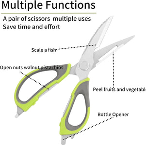 Kitchen Shears Heavy Duty Kitchen Scissors with Magnetic Holder Multi Purpose Kitchen Scissors and a Paring Knife, Dishwasher Safe Kitchen Shear for Meat, Vegetables (Green and Grey Magnetic Scissors)