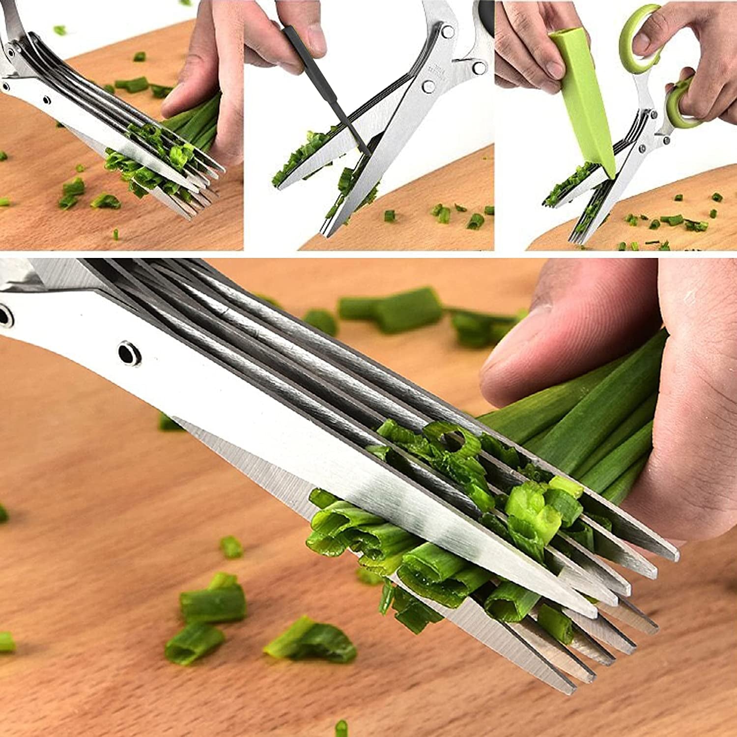 2 Pcs Herb Scissors, Multi-Blade Herb Scissors with Cover and Cleaning Comb, Stainless Steel Vegetable Scissors for Cutting Cilantro Onion Salad Garden Herbs, Heavy Kitchen Scissors (Green) (Blue)