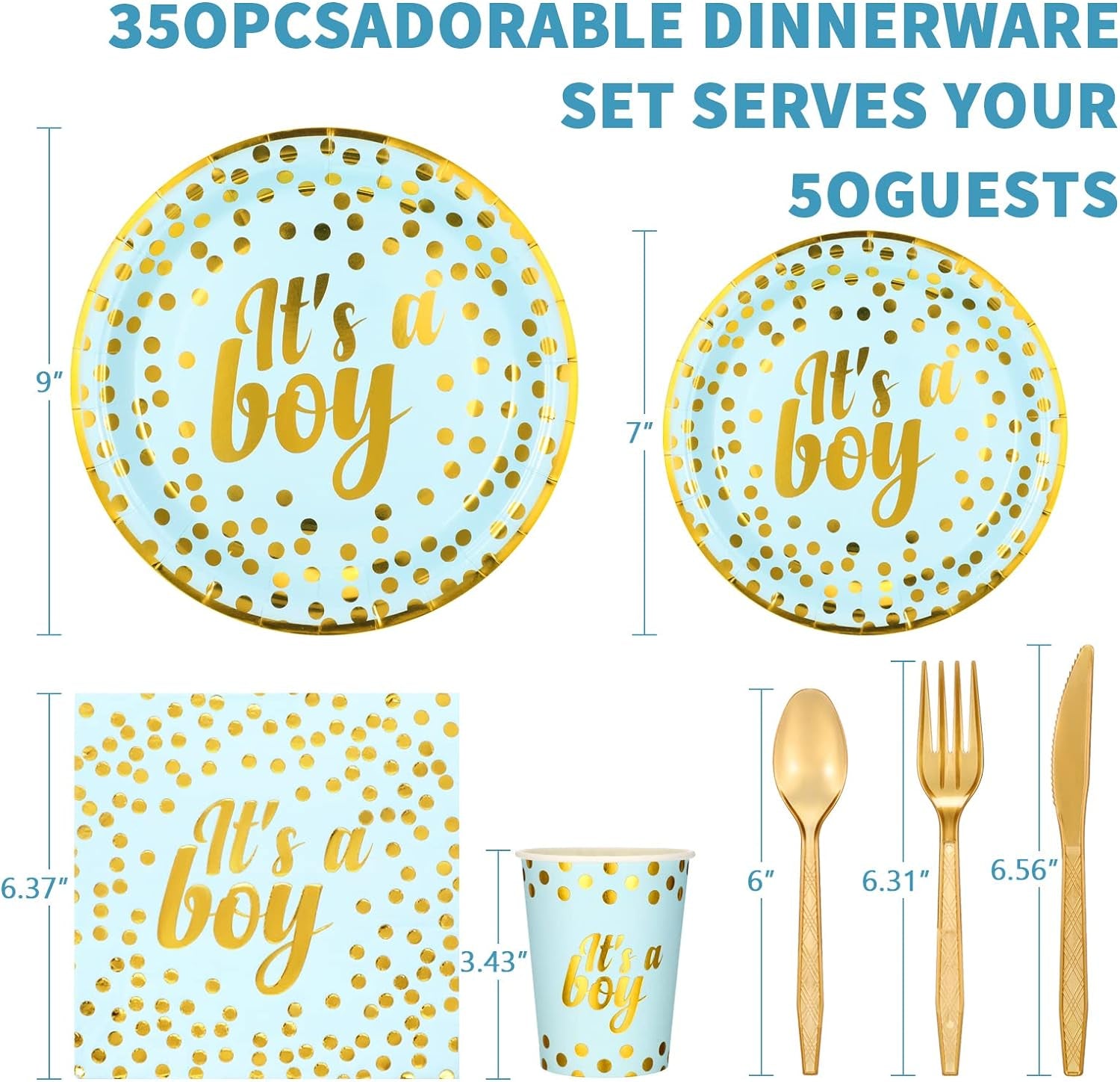 350 Pcs Baby Shower Party Supplies Golden Dot Blue Disposable Dinnerware Set for 50 Guests Boys Paper Plates Cups Napkins and Gold Plastic Forks Knives Spoons for Baby Boy Shower Party