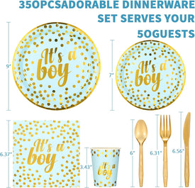 350 Pcs Baby Shower Party Supplies Golden Dot Blue Disposable Dinnerware Set for 50 Guests Boys Paper Plates Cups Napkins and Gold Plastic Forks Knives Spoons for Baby Boy Shower Party