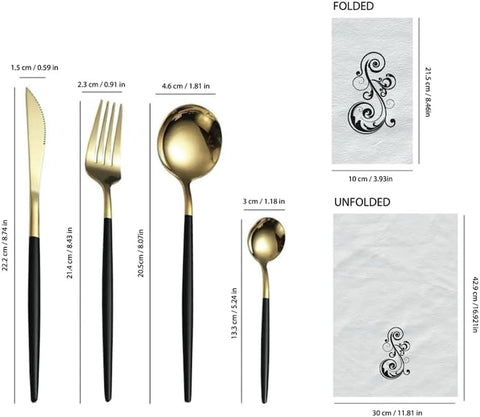 Image of 24 Pieces Premium Stainless Steel Black and Gold Cutlery Set for 6, 25 Pieces of Napkin Included, Elegant Silverware Set and Dishwasher Safe