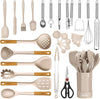 Silicone Kitchen Utensils Set - Heat Resistant Silicone Cooking Utensils for Cooking Wooden Handles, Spatula Set, Kitchen Utensil Tools and Gadgets Sets for Non-Stick Cookware (Khaki)