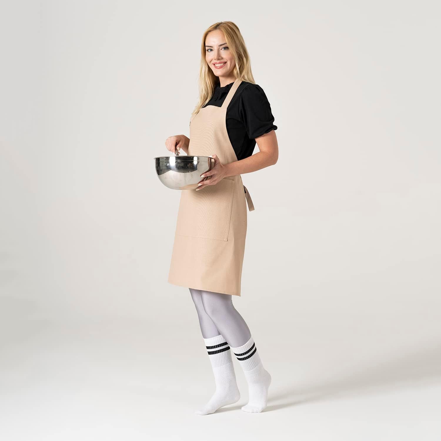 Kitchen Apron Waterdrop Resistant Cotton Apron with Adjustable Aprons for Women with Pockets 10 Color Option Cooking Beige Apron(Beige)