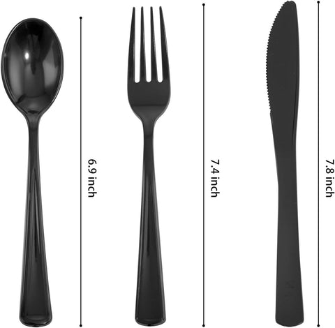 Image of 180 Pieces Black Silverware Cutlery Disposable Plastic - Plastic Flatware Set 60 Forks, 60 Knives and 60 Spoons - Heavy Duty Black Plastic Cutlery - Black Utensils for Party, Wedding,Birthday