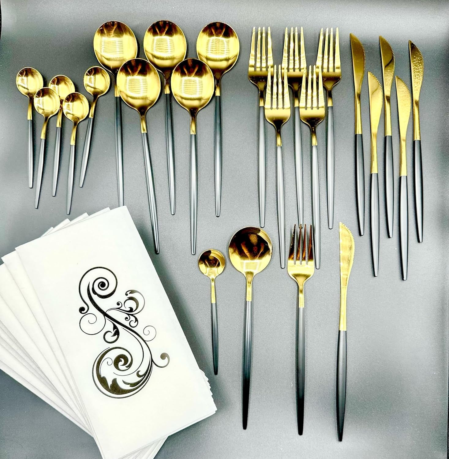 24 Pieces Premium Stainless Steel Black and Gold Cutlery Set for 6, 25 Pieces of Napkin Included, Elegant Silverware Set and Dishwasher Safe