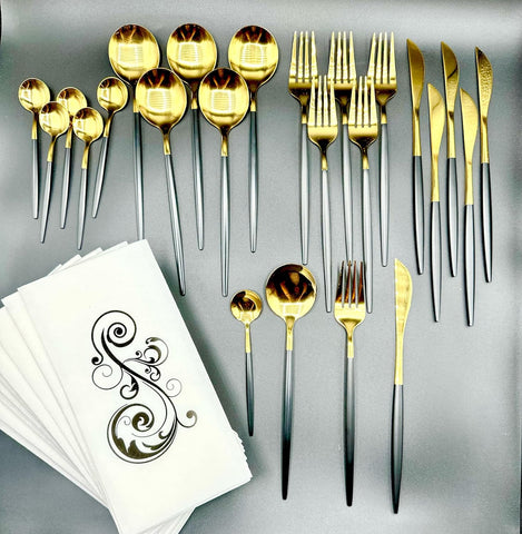 Image of 24 Pieces Premium Stainless Steel Black and Gold Cutlery Set for 6, 25 Pieces of Napkin Included, Elegant Silverware Set and Dishwasher Safe