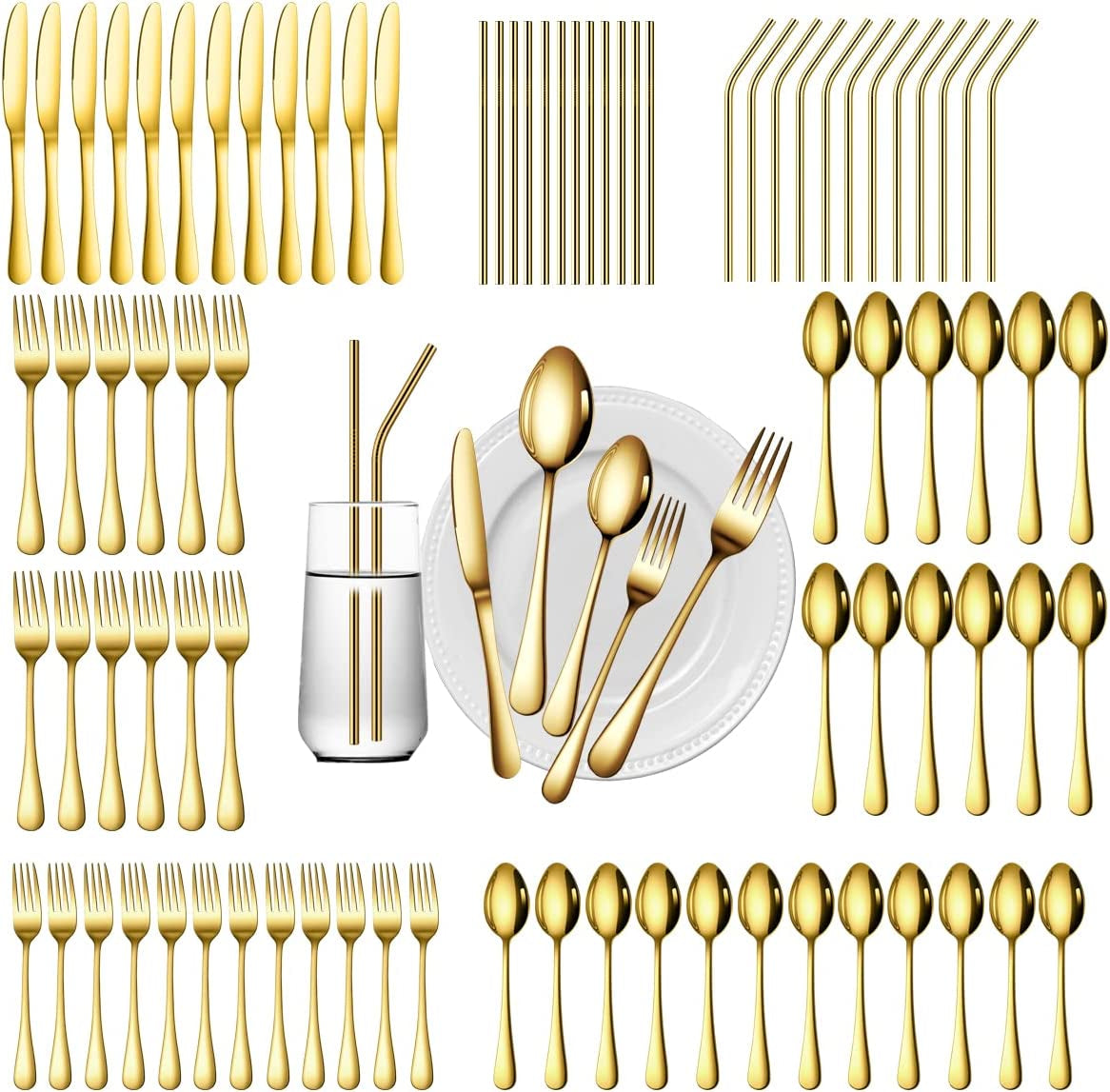 84 Pieces Gold Silverware Service for 12 Flatware Set Stainless Steel Utensils Cutlery Set Dishwasher Safe Flatware (Gold, 84)