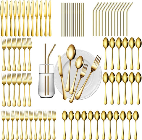 Image of 84 Pieces Gold Silverware Service for 12 Flatware Set Stainless Steel Utensils Cutlery Set Dishwasher Safe Flatware (Gold, 84)