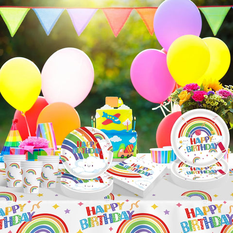 Image of Rainbow Birthday Party Decoration Supplies: 176PCS Rainbow Paper Plates Set(25 Guest) with Rainbow Plates Napkins Cups Tablecloth Plastic Forks Knives Spoon for Rainbow Theme Birthday Party for Kids