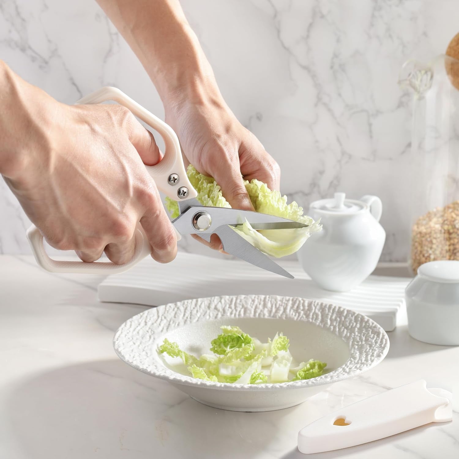 Kitchen Scissors,  All Purpose Kitchen Shears with Protective Sheath, Heavy Duty Stainless Steel Cooking Shears for Chicken/Herb/Poultry/Fish/Meat (Dishwasher Safe, One Size, White)