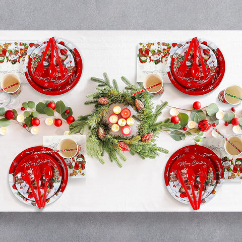 Image of Christmas Snowman Party Supplies, Christmas Snowman Plates and Napkins Set, Disposable Paper Plates Napkins Cups Knives Spoons Forks for Merry Christmas Winter Holiday Party Decorations, Serve 50