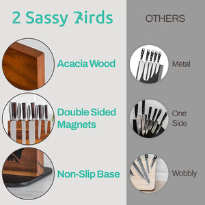 Magnetic Knife Block Holder Rack - Acacia Wood Cutlery Storage for 12 Knives Double Sided Magnets & Non-Slip Base - Knives Not Included