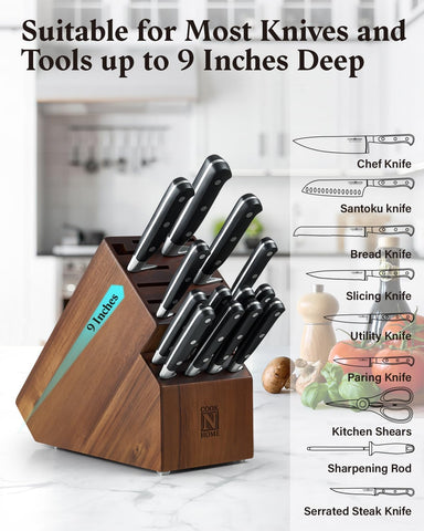 Image of Acacia Wood Knife Storage Block without Knives, 20 Slot Universal Knife Holder Countertop Butcher Block Knife Stand for Easy Kitchen Storage