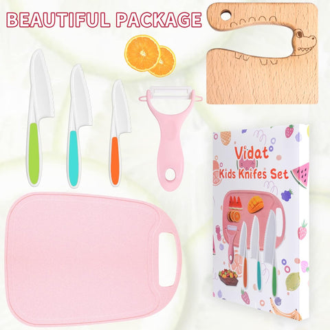 Image of 6Pcs Kids Kitchen Knife Set, Wooden Kids Knives, Plastic Kids Kitchen Knives with Crinkle Cutte, Peeler and Cutting Board, Nylon Toddler Cooking Knives for Salad, Fruits,Cake, Bread