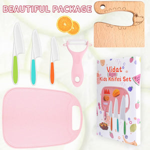 6Pcs Kids Kitchen Knife Set, Wooden Kids Knives, Plastic Kids Kitchen Knives with Crinkle Cutte, Peeler and Cutting Board, Nylon Toddler Cooking Knives for Salad, Fruits,Cake, Bread