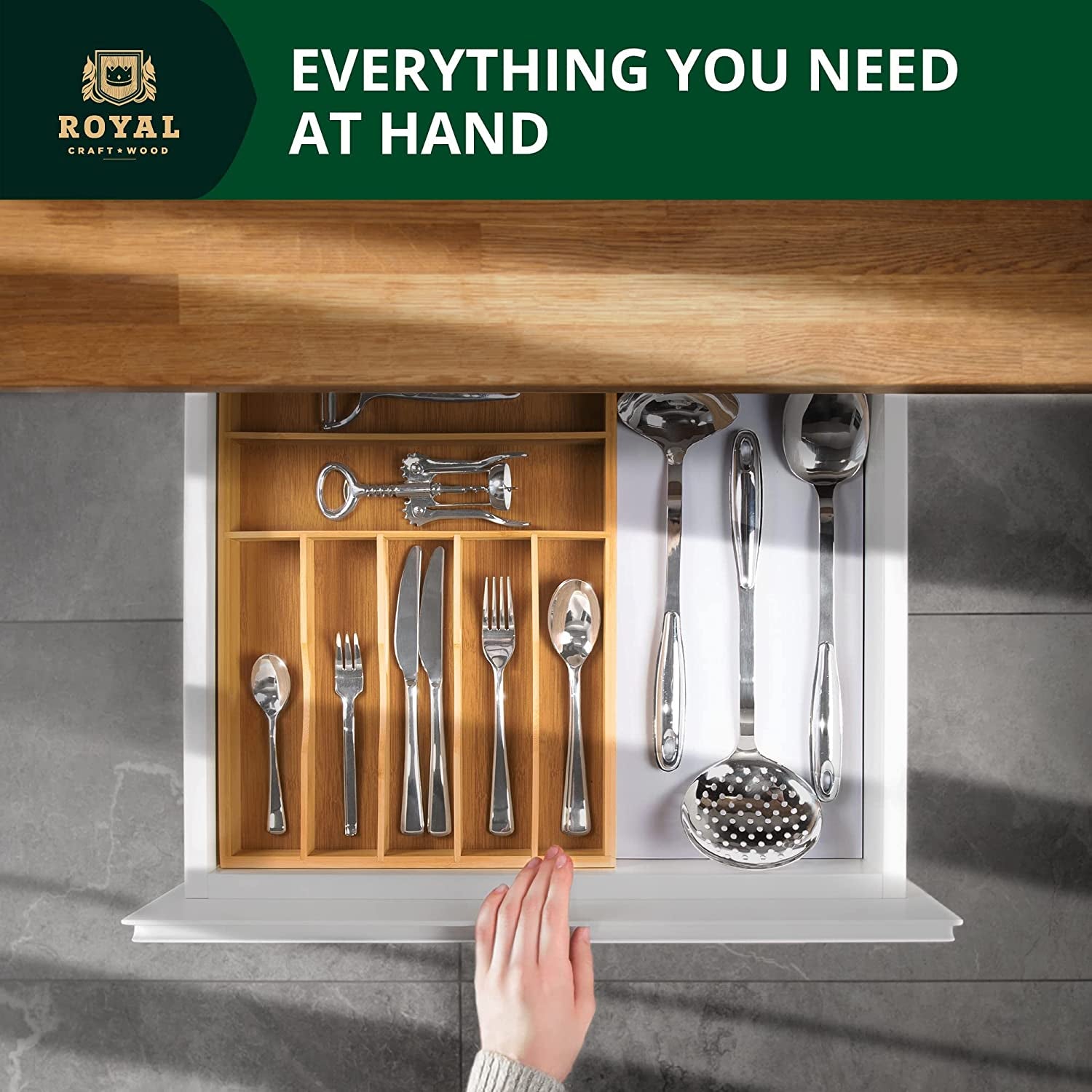 Luxury Bamboo Utensil Rack and Silverware Organizer, Kitchen Drawer Organizer - Utensil Holder and Cutlery Tray with Grooved Drawer Dividers for Flatware 7 Slot, Natural