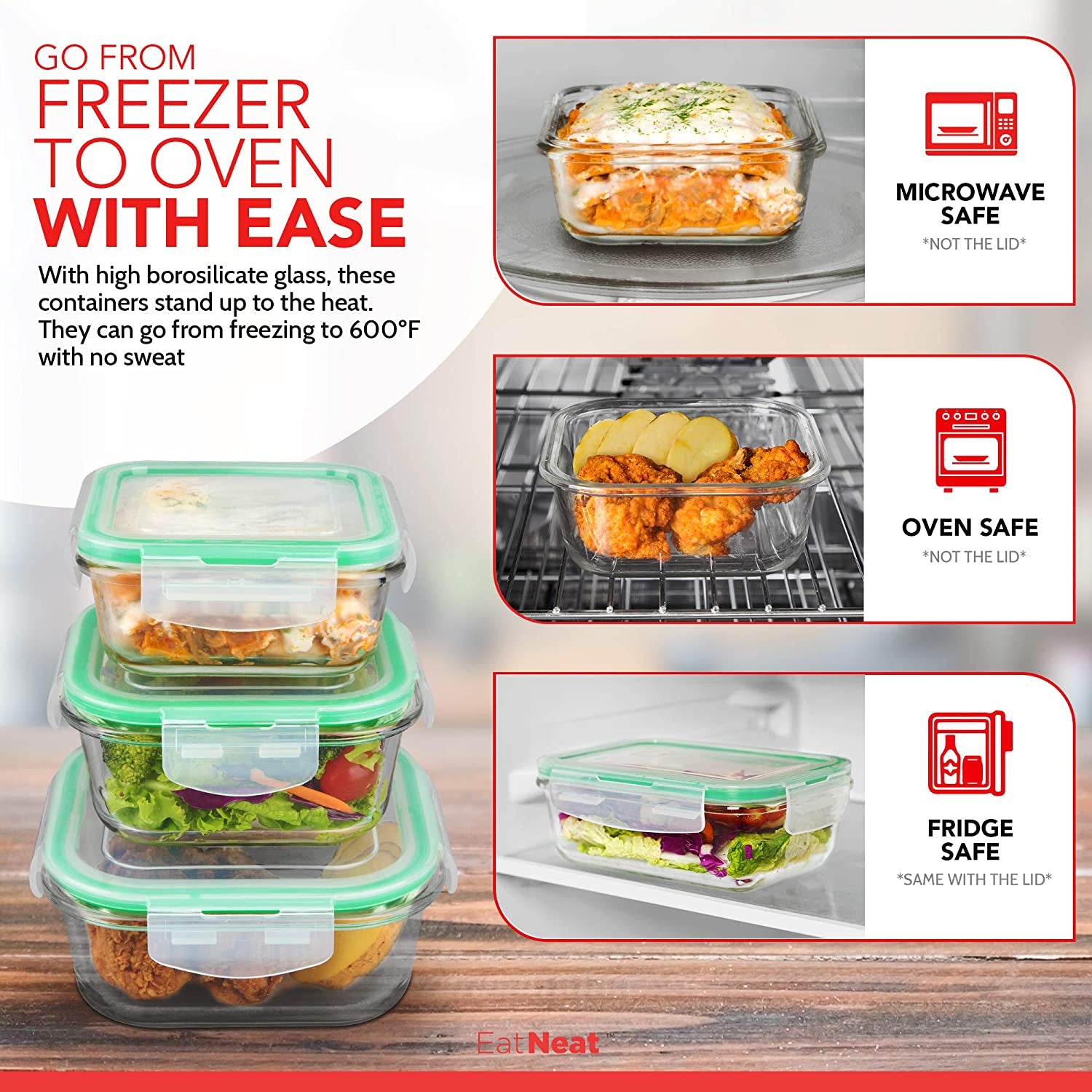 5-Pack of Glass Food Storage Containers with Airtight Snap Locking Lids to Keep Food Fresh - Oven to Table to Freezer | BPA-FREE