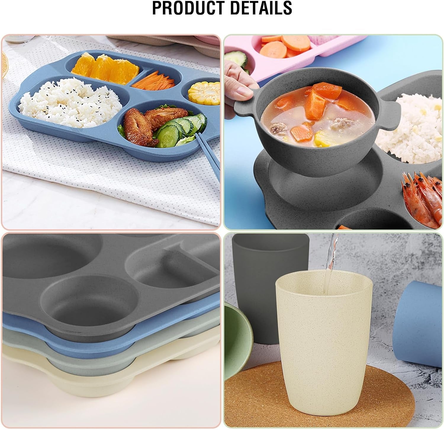 Wheat Straw Dinnerware Cutlery Set, 20 PCS Kids Toddlers Divided Plates and Bowls Sets, Microwave Unbreakable Tableware Spoon Knife Cup, Dishwasher Safe for Kitchen Picnic School