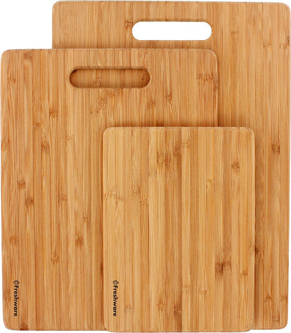 Image of Bamboo Cutting Boards for Kitchen [Set of 3] Wood Cutting Board for Chopping Meat, Vegetables, Fruits, Cheese, Knife Friendly Serving Tray with Handles