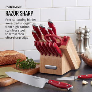 Professional 15-Piece Forged Triple Riveted Knife Block Set with Built-In Edgekeeper Knife Sharpener, High-Carbon Stainless Steel Kitchen Knives, Razor-Sharp Knife Set, Red