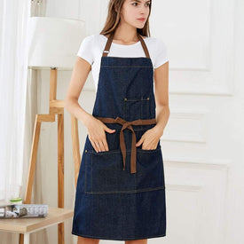 Blue Adjustable Denim Jean Kitchen Apron with 5 Pockets for Women Men Optimized Upgrade(Denim)