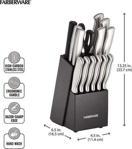 Image of Stamped 15-Piece High-Carbon Stainless Steel Knife Block Set, Steak Knives, Black & Tabletop Knife Sharpener