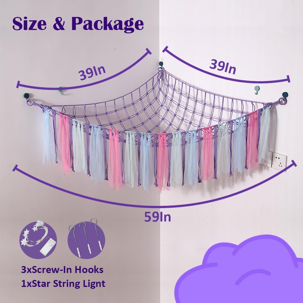 Stuffed Animal Toys Hammock with LED Light, Stuffed Doll Hanging Corner Holder for Home Storage, Large Hanging Net -Display Teddies for Nursery and Kids’ Bedroom, Purple Decor Organizer