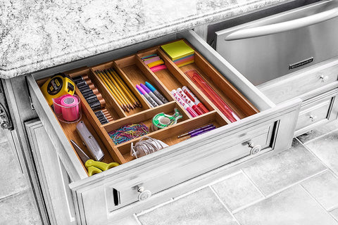 Image of Expandable Bamboo Drawer Organizer - Large Kitchen Utensil Holder for Cutlery, Silverware, Flatware Storage - Utensil Organizer for Kitchen Drawers, Desk, Junk Drawer Organizer Tray, 8-Slot