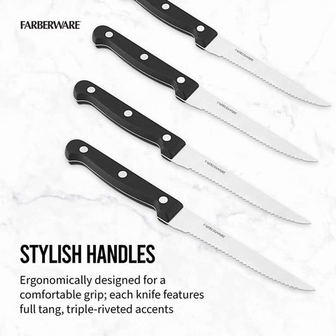 Image of Stamped Triple Rivet High Carbon Stainless Steel Steak Knife Set, 4-Piece, Black