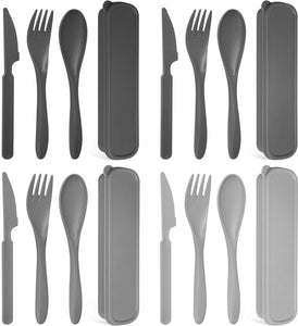 Reusable Portable Travel Utensils Set, Service for 4, Forks Spoons Knives for Camping Wheat Straw Plastic Flatware with Storage Case (Gray Ombre)
