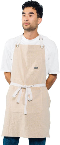 Image of Linen Kitchen Apron for Cooking- Mens and Womens Linen Bib Apron for Professional Chef, Server, or Barista- Adjustable with Pockets (Bone)