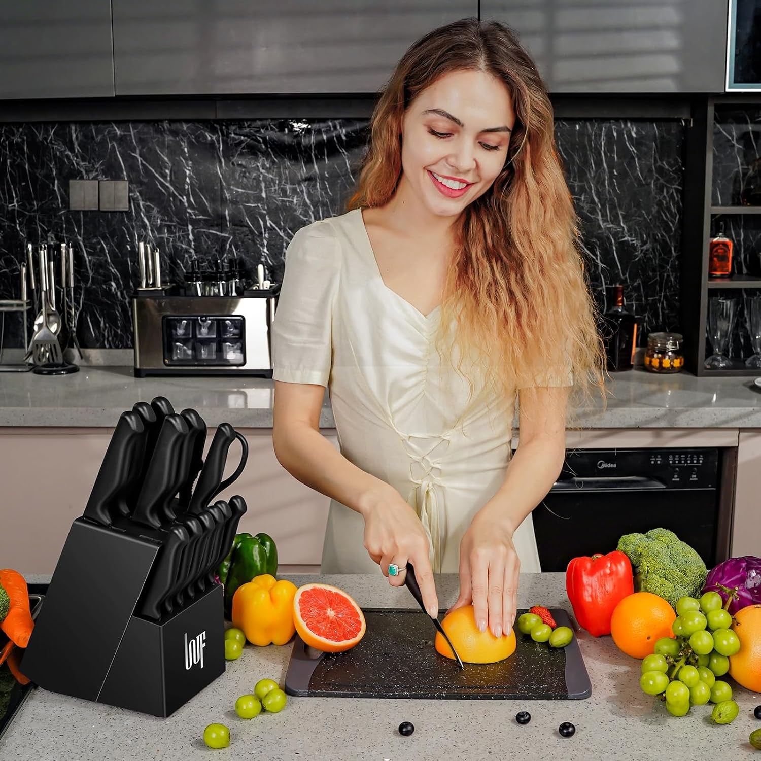 Knife Sets,14 Pieces German Stainless Steel Kitchen Knife Block Sets with Built-In Sharpener, Dishwasher Safe