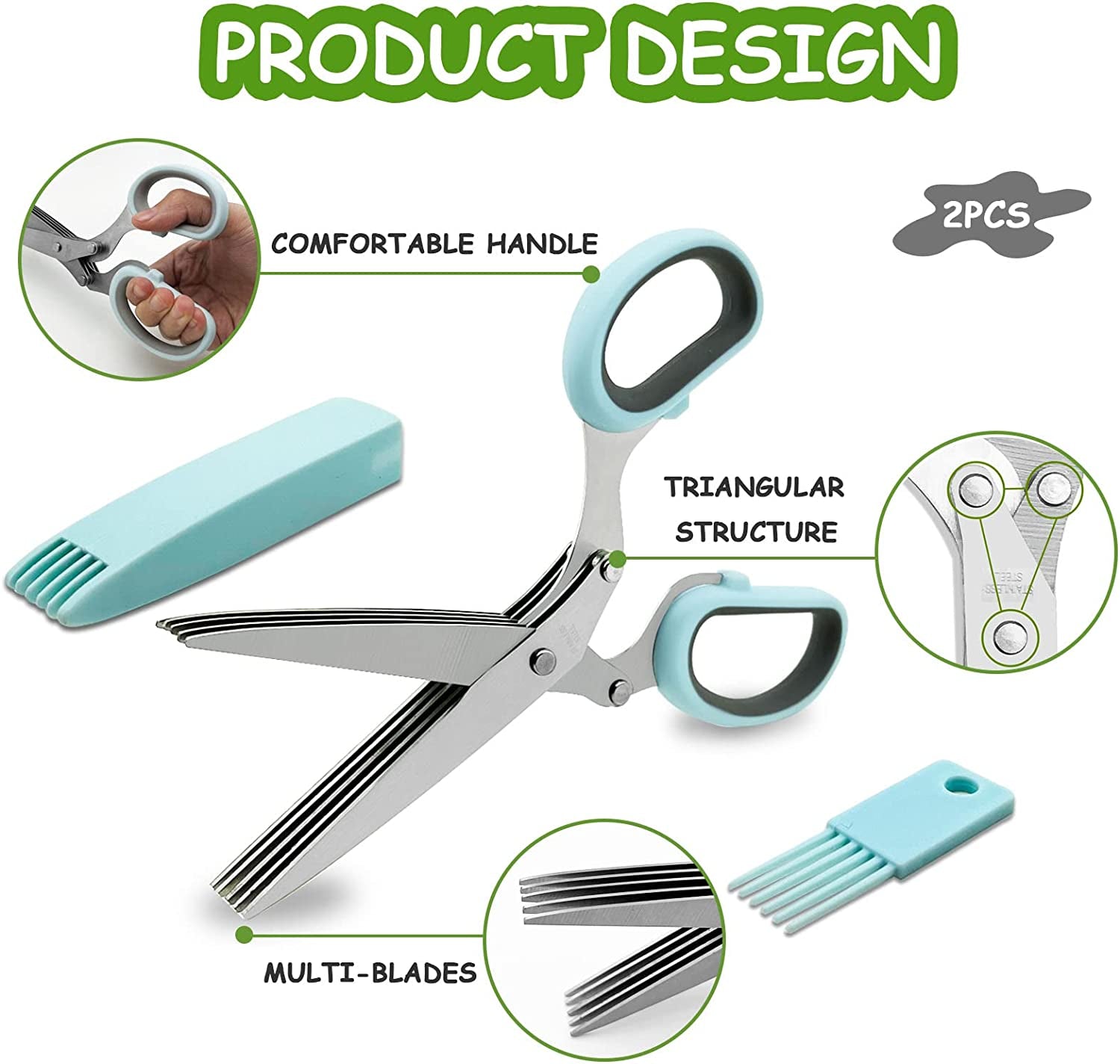 2 Pcs Herb Scissors, Multi-Blade Herb Scissors with Cover and Cleaning Comb, Stainless Steel Vegetable Scissors for Cutting Cilantro Onion Salad Garden Herbs, Heavy Kitchen Scissors (Green) (Blue)