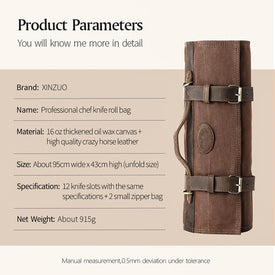 Chef Knife Roll Bag-Professional Chef Knife Case-16Oz Waxed Canvas and Crazy Horse Leather -With 12 Slots plus 2 Zipper Pockets to Hold Kitchen Cooking Tools-Travel Tool Roll Pouch(Bag Only)