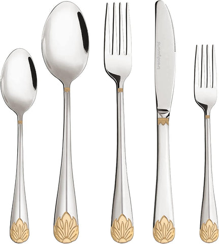 Image of Silverware Set Limited Edition – 30 Piece Family Dinnerware Set – Flatware Set for 6 – Silver Tableware Set W/Gold Accents – Spoons, Knives, Teaspoons, Forks, Salad Forks