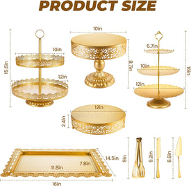 Gold Cake Stand, Metal Dessert Table Display Set Tiered Cupcake Holder Fruit Candy Donut Plate Serving Tower Tray Platter with Tong, Cake Knife and Server Set for Wedding, Birthday Party Decor 11PCS