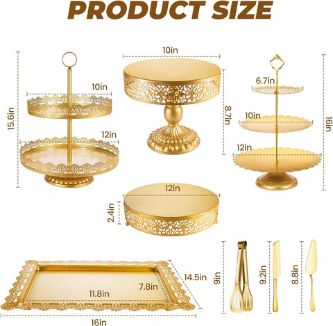 Image of Gold Cake Stand, Metal Dessert Table Display Set Tiered Cupcake Holder Fruit Candy Donut Plate Serving Tower Tray Platter with Tong, Cake Knife and Server Set for Wedding, Birthday Party Decor 11PCS