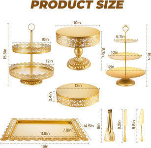 Gold Cake Stand, Metal Dessert Table Display Set Tiered Cupcake Holder Fruit Candy Donut Plate Serving Tower Tray Platter with Tong, Cake Knife and Server Set for Wedding, Birthday Party Decor 11PCS