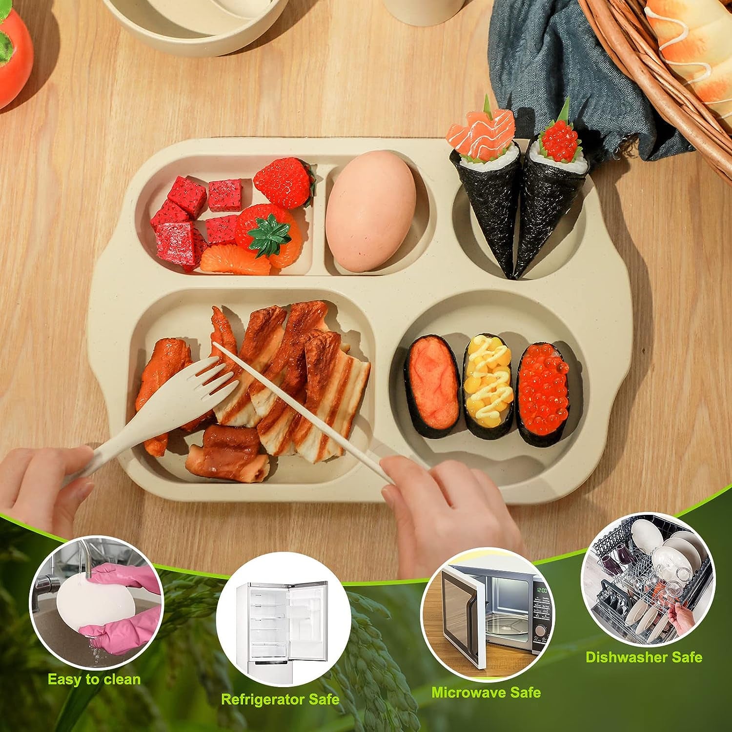 48 Pcs Wheat Straw Tableware Set for 8 Wheat Dinnerware Cutlery Include 8 Divided Dinner Plate 24 Spoon Knife Fork 8 Cup 8 Bowl Reusable Unbreakable Dishwasher for Kids Adult (Beige)