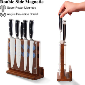 Magnetic Knife Block with Acrylic Shield, Double Side Kitchen Knife Holder without Knives- Acacia Wood Universal Knife Storage Organizer with Powerful Magnet for Kitchen Counter