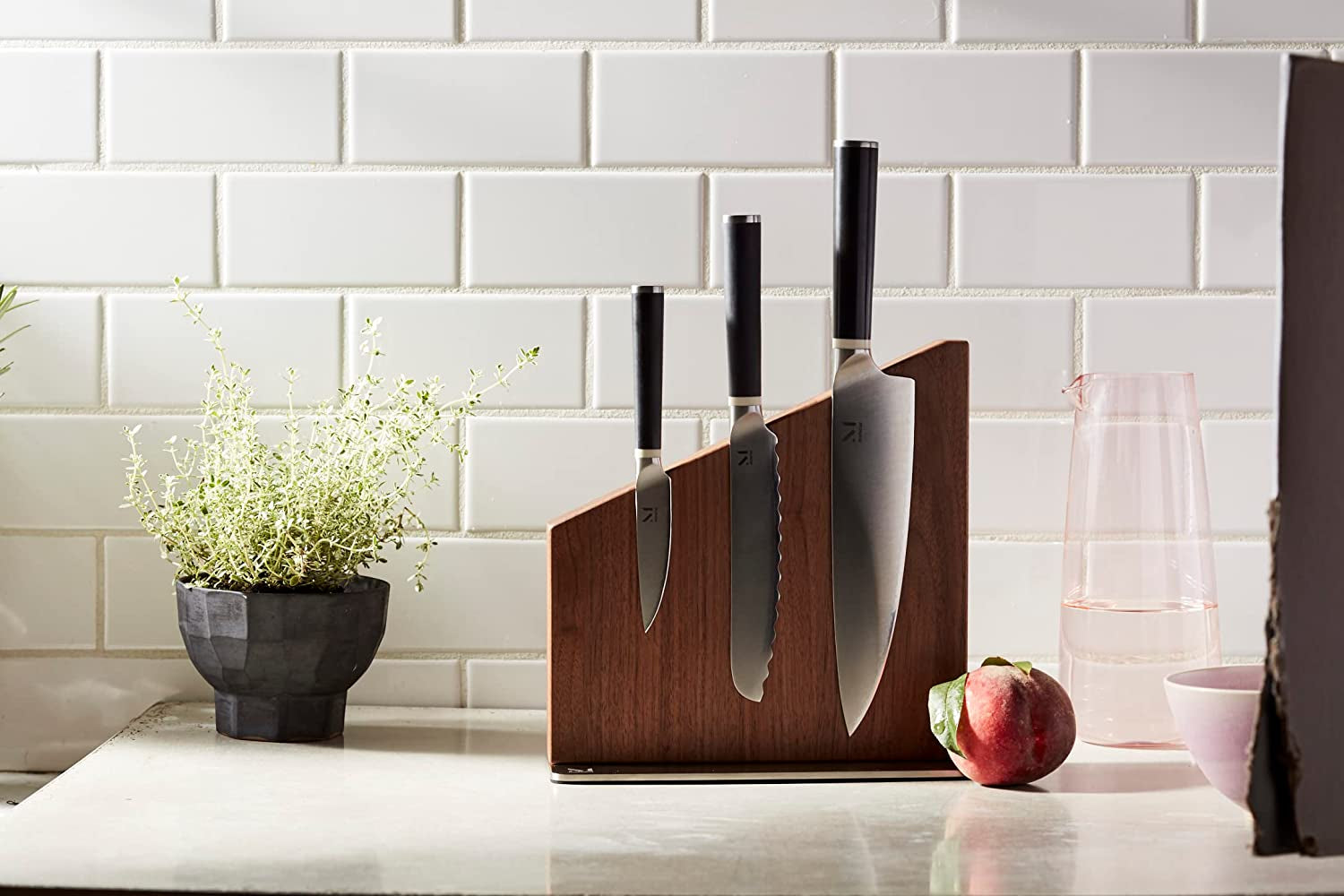 , Knife Stand, Magnetic Display for Safe Storage, Walnut