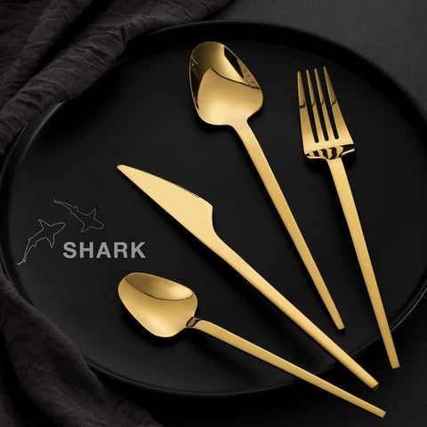 Image of Luxury Gold Silverware Set, Heavy Duty 20-Piece Golden 18/10 Stainless Steel Flatware Sets for 5, Tableware Eating Utensils Titanium Gold Plated,  Unique Exclusive Creative Design (Shark)